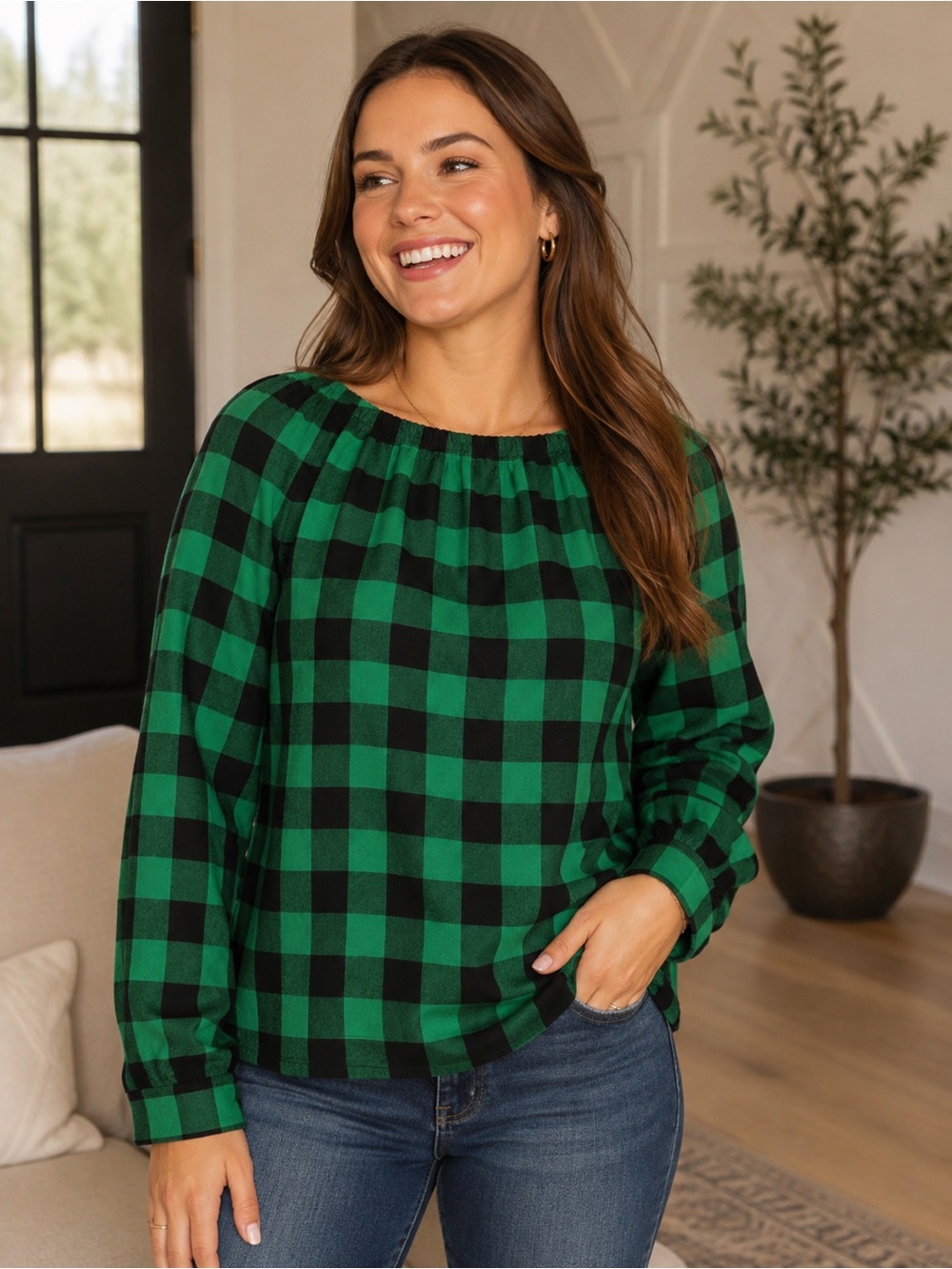 Zeagoo Buffalo plaid flannel scoop neck shirt NEW with tags